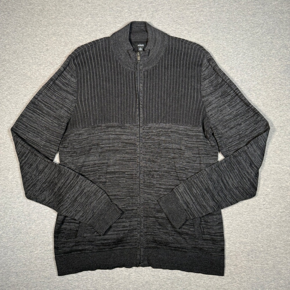 Alfani Mens Large Full Zip Cardigan Sweater Gray Marled Cotton Mock Neck